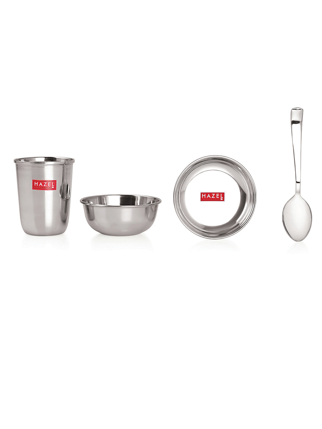Stainless Steel Dinner Set Of 24, (4 Steel Plate, 4 Steel Glass, 8 Bowl, 4 Spoon Set, 4 Dessert Plate)