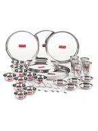 Stainless Steel Dinner Set Of 30, (5 Steel Plate, 5 Steel Glass, 10 Serving Bowl, 5 Spoon Set, 5 Dessert Plate)