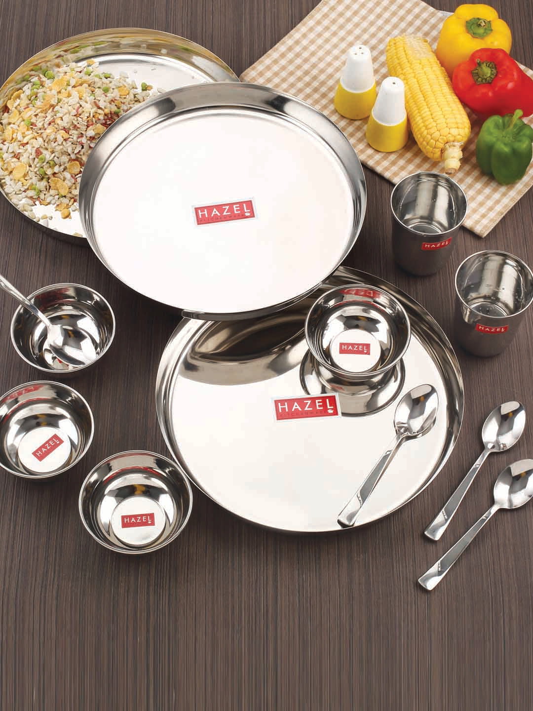 Stainless Steel Dinner Set Of 30, (5 Steel Plate, 5 Steel Glass, 10 Serving Bowl, 5 Spoon Set, 5 Dessert Plate)