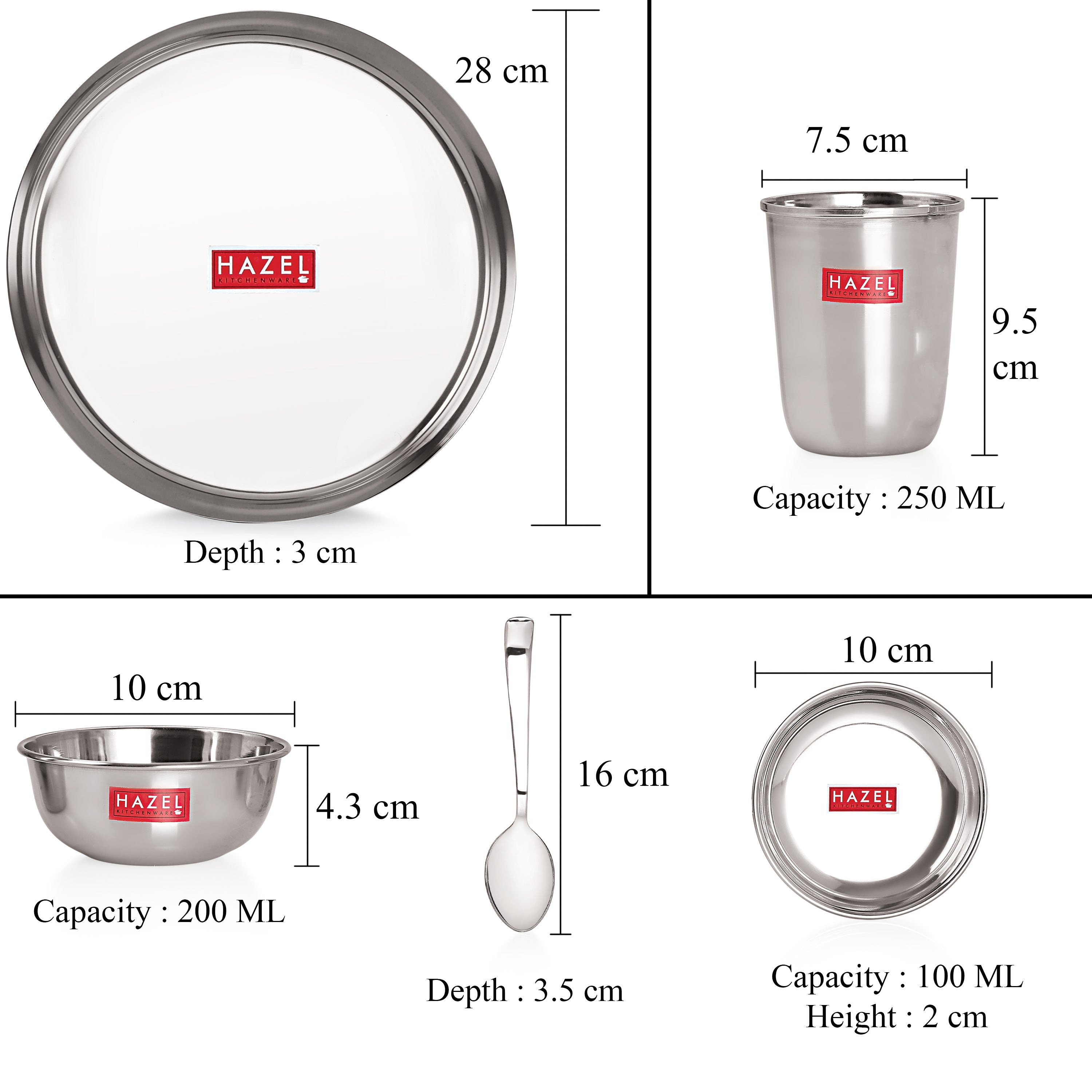 Stainless Steel Dinner Set Of 30, (5 Steel Plate, 5 Steel Glass, 10 Serving Bowl, 5 Spoon Set, 5 Dessert Plate)