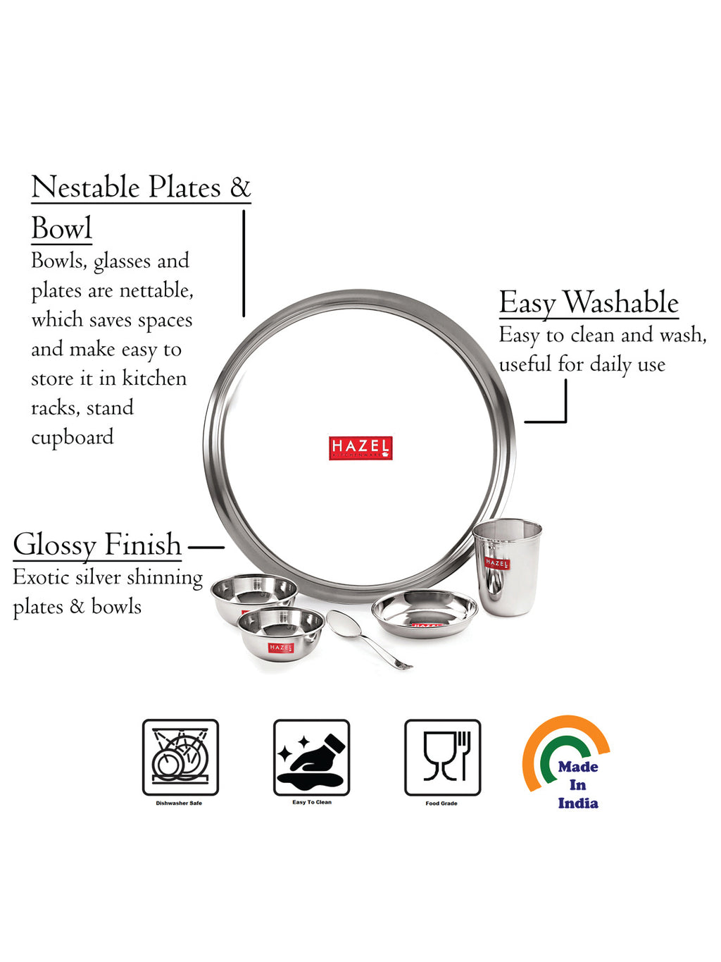 Stainless Steel Dinner Set Of 30, (5 Steel Plate, 5 Steel Glass, 10 Serving Bowl, 5 Spoon Set, 5 Dessert Plate)