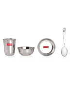 Stainless Steel Dinner Set Of 30, (5 Steel Plate, 5 Steel Glass, 10 Serving Bowl, 5 Spoon Set, 5 Dessert Plate)