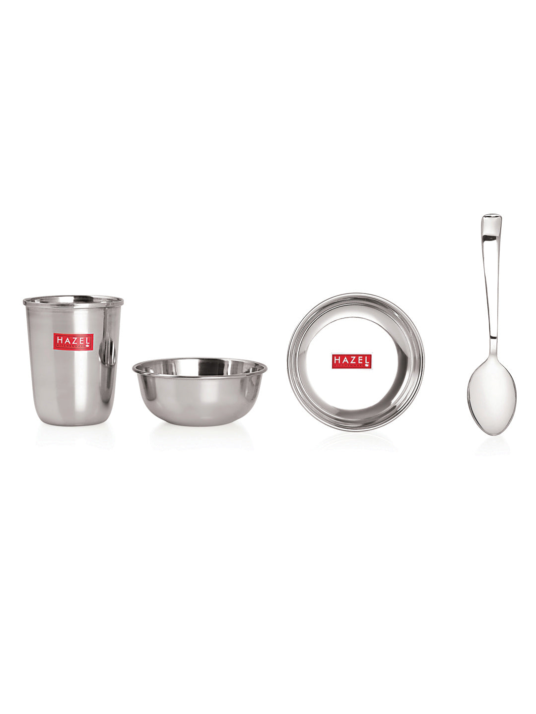 Stainless Steel Dinner Set Of 30, (5 Steel Plate, 5 Steel Glass, 10 Serving Bowl, 5 Spoon Set, 5 Dessert Plate)