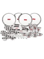 Stainless Steel Dinner Set Of 36, (6 Steel Plate, 6 Steel Glass, 12 Serving Bowl, 6 Spoon Set, 6 Dessert Plate)