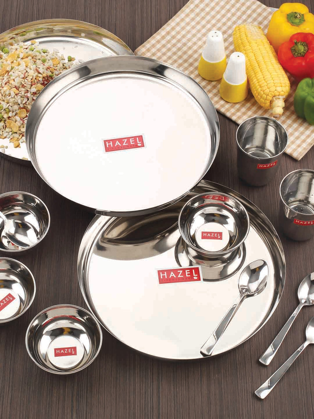 Stainless Steel Dinner Set Of 36, (6 Steel Plate, 6 Steel Glass, 12 Serving Bowl, 6 Spoon Set, 6 Dessert Plate)