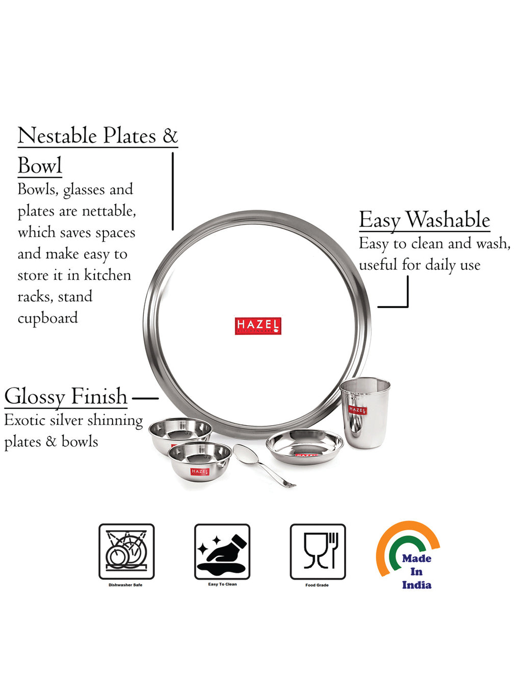 Stainless Steel Dinner Set Of 36, (6 Steel Plate, 6 Steel Glass, 12 Serving Bowl, 6 Spoon Set, 6 Dessert Plate)