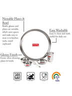 Stainless Steel Dinner Set Of 36, (6 Steel Plate, 6 Steel Glass, 12 Serving Bowl, 6 Spoon Set, 6 Dessert Plate)