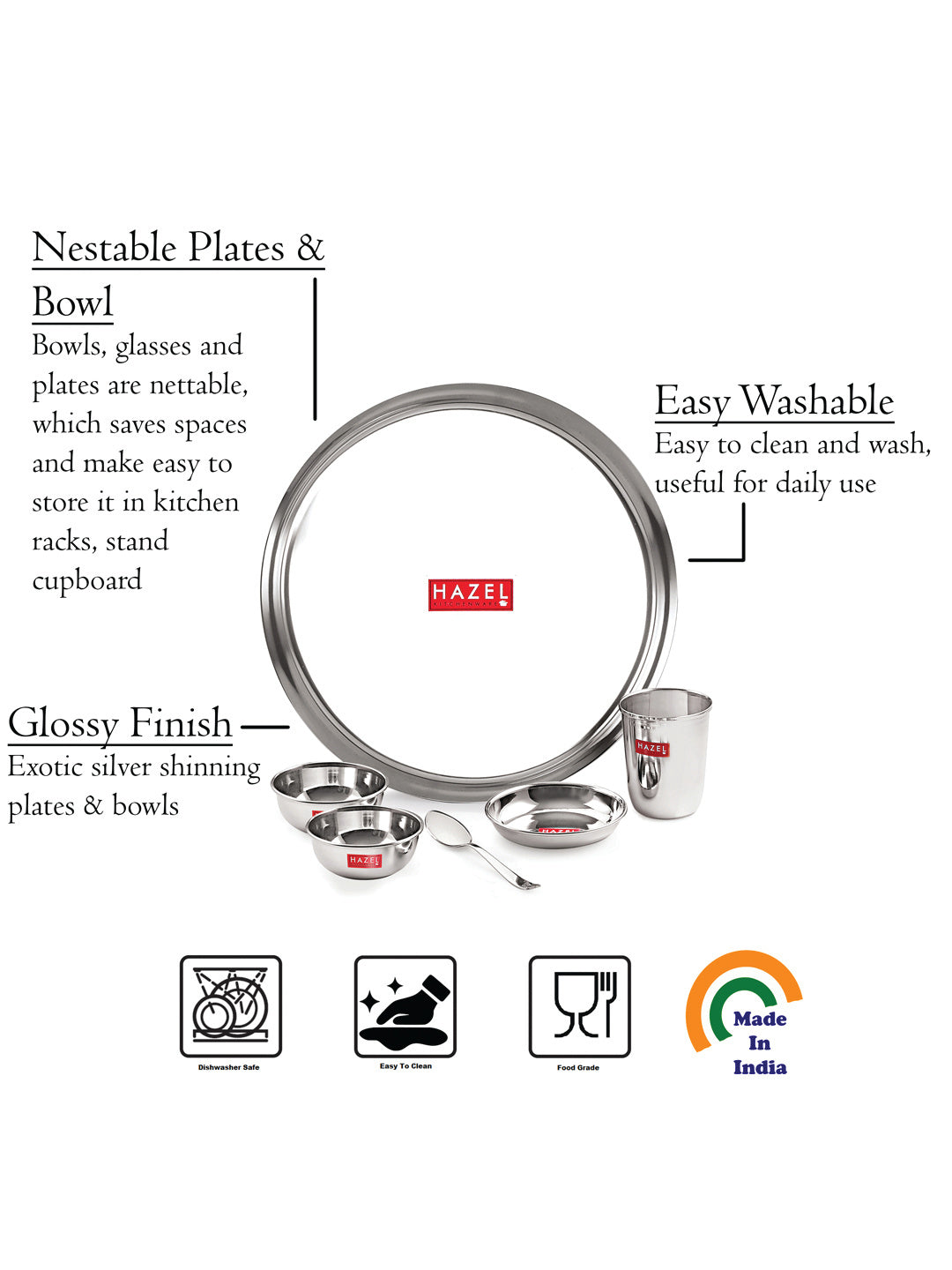 Stainless Steel Dinner Set Of 36, (6 Steel Plate, 6 Steel Glass, 12 Serving Bowl, 6 Spoon Set, 6 Dessert Plate)
