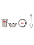 Stainless Steel Dinner Set Of 36, (6 Steel Plate, 6 Steel Glass, 12 Serving Bowl, 6 Spoon Set, 6 Dessert Plate)