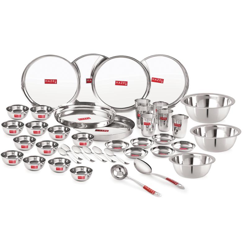 Stainless Steel Dinner Set of 41 Pieces (3 pcs Mixing Bowl, 2 pcs Serving Spoon, 6 Plate, 6 Glass, 12 Bowl, 6 Spoon Set, 6 Dessert Plate)