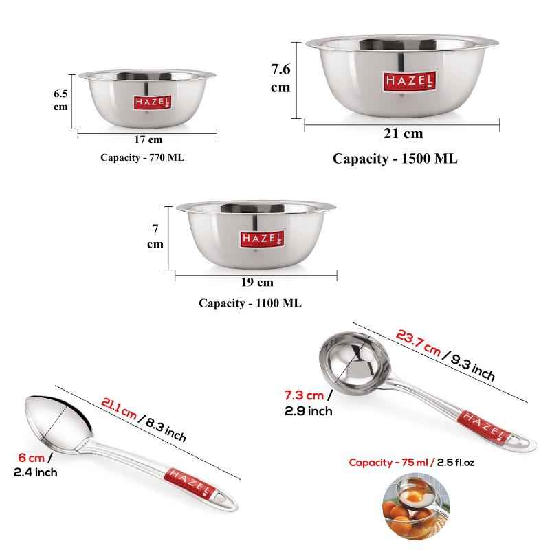 Stainless Steel Dinner Set of 41 Pieces (3 pcs Mixing Bowl, 2 pcs Serving Spoon, 6 Plate, 6 Glass, 12 Bowl, 6 Spoon Set, 6 Dessert Plate)