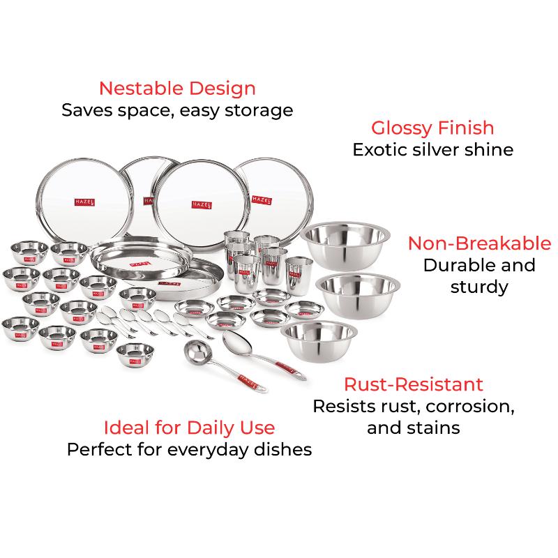 Stainless Steel Dinner Set of 41 Pieces (3 pcs Mixing Bowl, 2 pcs Serving Spoon, 6 Plate, 6 Glass, 12 Bowl, 6 Spoon Set, 6 Dessert Plate)