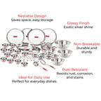 Stainless Steel Dinner Set of 41 Pieces (3 pcs Mixing Bowl, 2 pcs Serving Spoon, 6 Plate, 6 Glass, 12 Bowl, 6 Spoon Set, 6 Dessert Plate)
