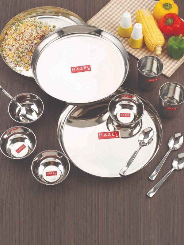 Stainless Steel Dinner Set of 51 Pieces (6 Plate, 6 Glass, 12 Bowl, 6 Spoon Set, 6 Dessert Plate, 3 pcs Serving Spoon, 6 pcs Quarter Plate, 6 pcs Fork)