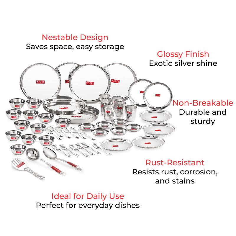 Stainless Steel Dinner Set of 51 Pieces (6 Plate, 6 Glass, 12 Bowl, 6 Spoon Set, 6 Dessert Plate, 3 pcs Serving Spoon, 6 pcs Quarter Plate, 6 pcs Fork)