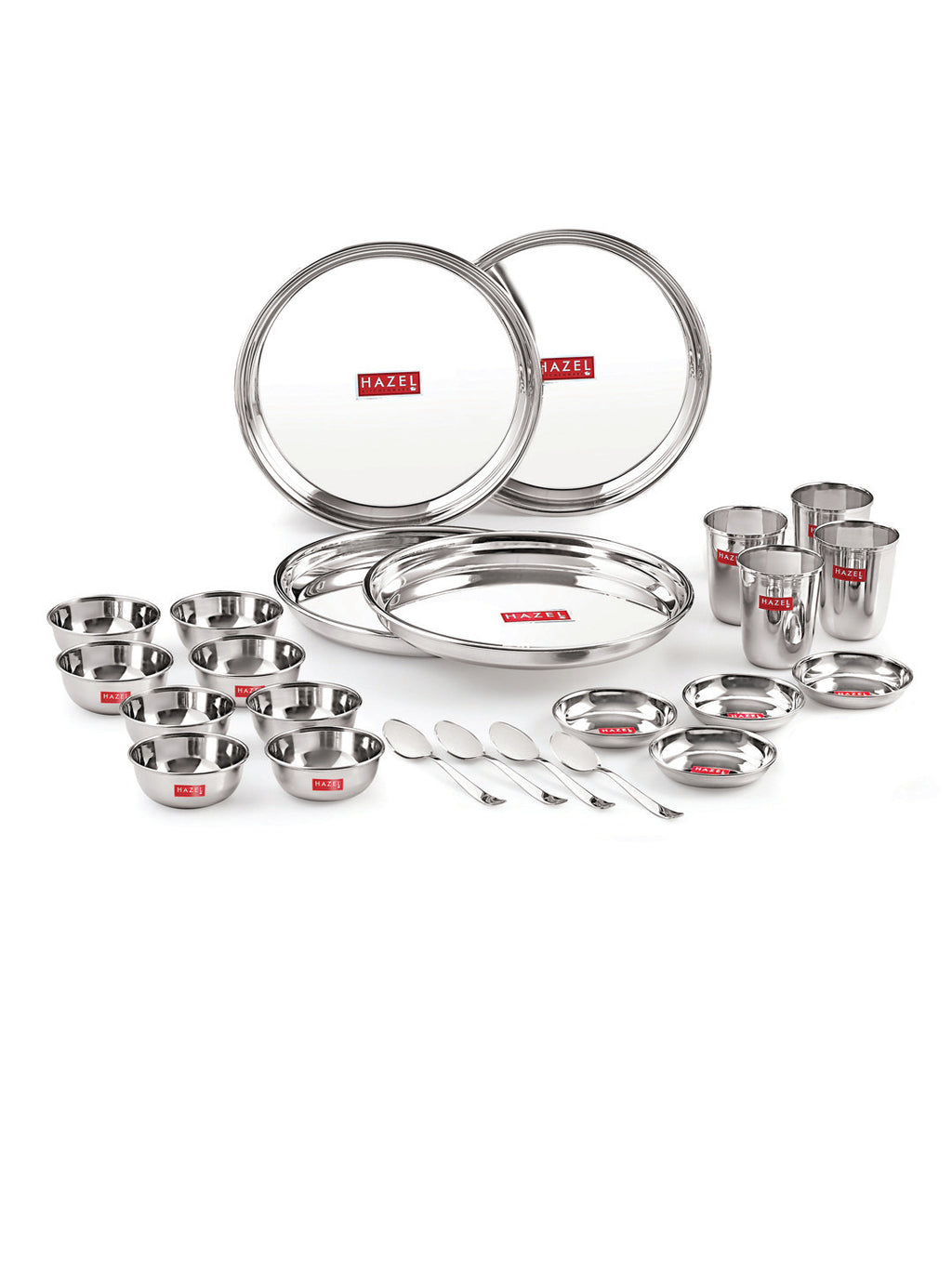 Stainless Steel Dinner Set Of 24, (4 Steel Plate, 4 Steel Glass, 8 Bowl, 4 Dessert Plate, 4 Spoon Set)