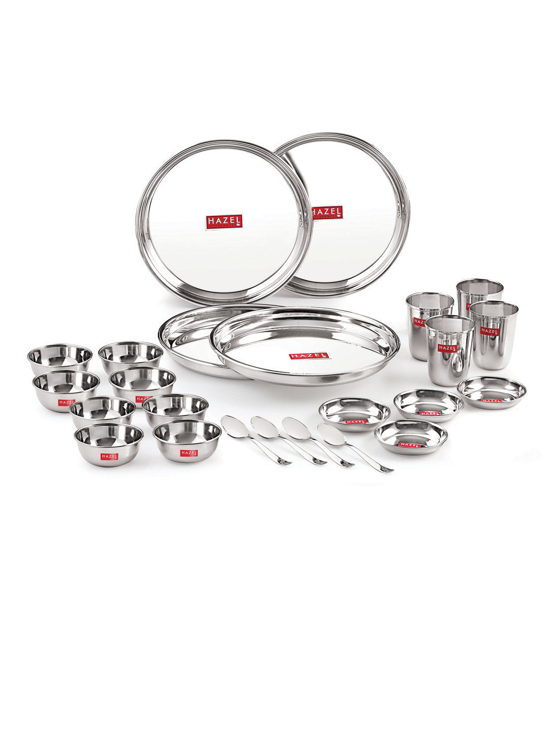 Stainless Steel Dinner Set Of 24, (4 Steel Plate, 4 Steel Glass, 8 Bowl, 4 Dessert Plate, 4 Spoon Set)