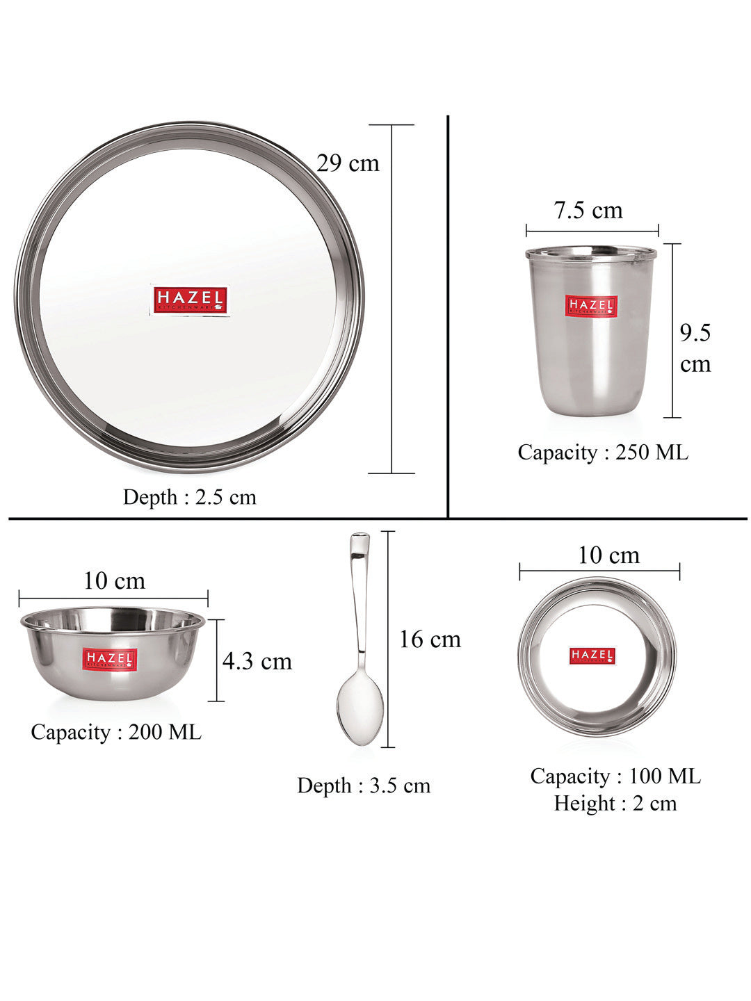 Stainless Steel Dinner Set Of 24, (4 Steel Plate, 4 Steel Glass, 8 Bowl, 4 Dessert Plate, 4 Spoon Set)