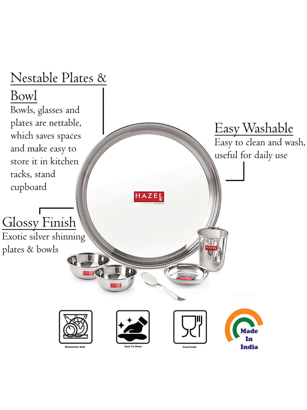 Stainless Steel Dinner Set Of 24, (4 Steel Plate, 4 Steel Glass, 8 Bowl, 4 Dessert Plate, 4 Spoon Set)