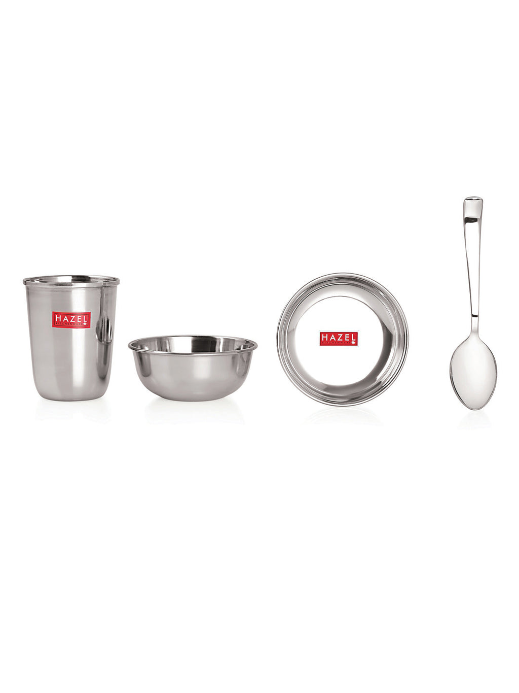 Stainless Steel Dinner Set Of 24, (4 Steel Plate, 4 Steel Glass, 8 Bowl, 4 Dessert Plate, 4 Spoon Set)