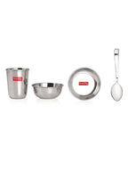 Stainless Steel Dinner Set Of 24, (4 Steel Plate, 4 Steel Glass, 8 Bowl, 4 Dessert Plate, 4 Spoon Set)
