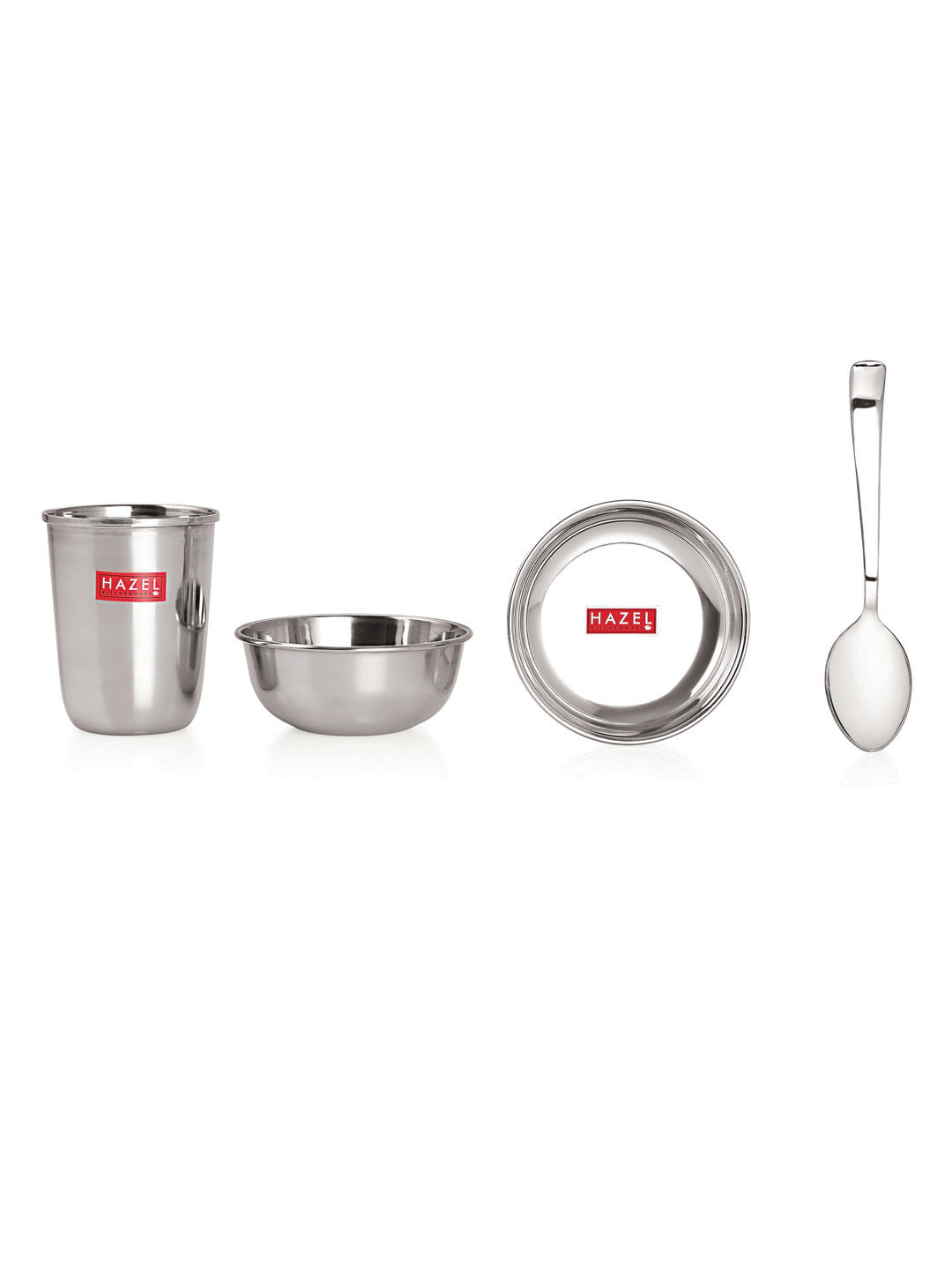 Stainless Steel Dinner Set Of 24, (4 Steel Plate, 4 Steel Glass, 8 Bowl, 4 Dessert Plate, 4 Spoon Set)
