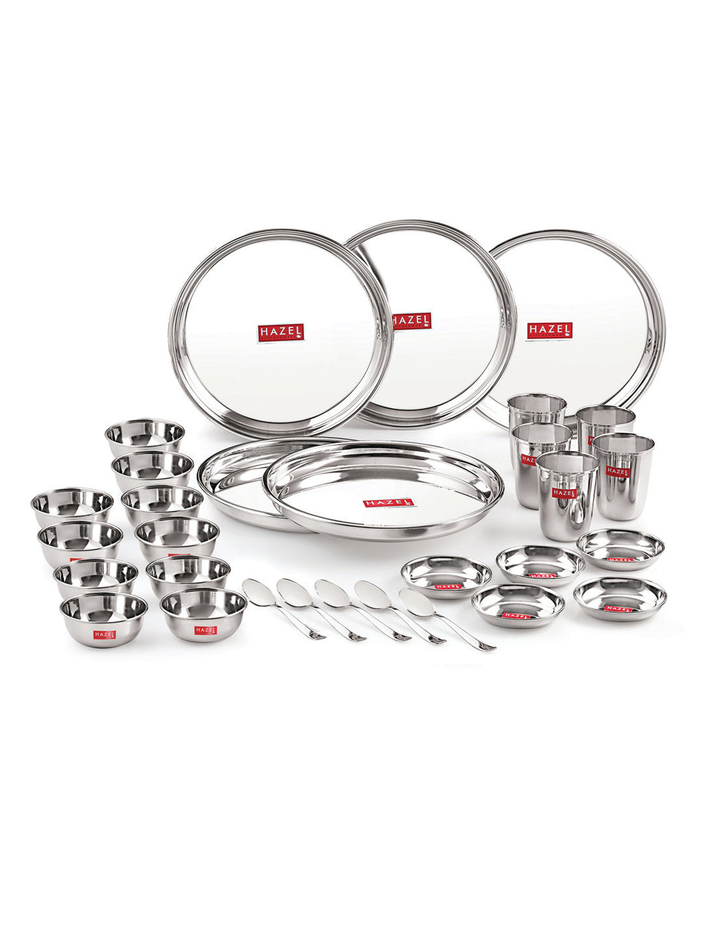 Stainless Steel Dinner Set Of 30 , (5 Steel Plate, 5 Steel Glass, 10 Serving Bowl, 5 Dessert Plate, 5 Spoon Set)