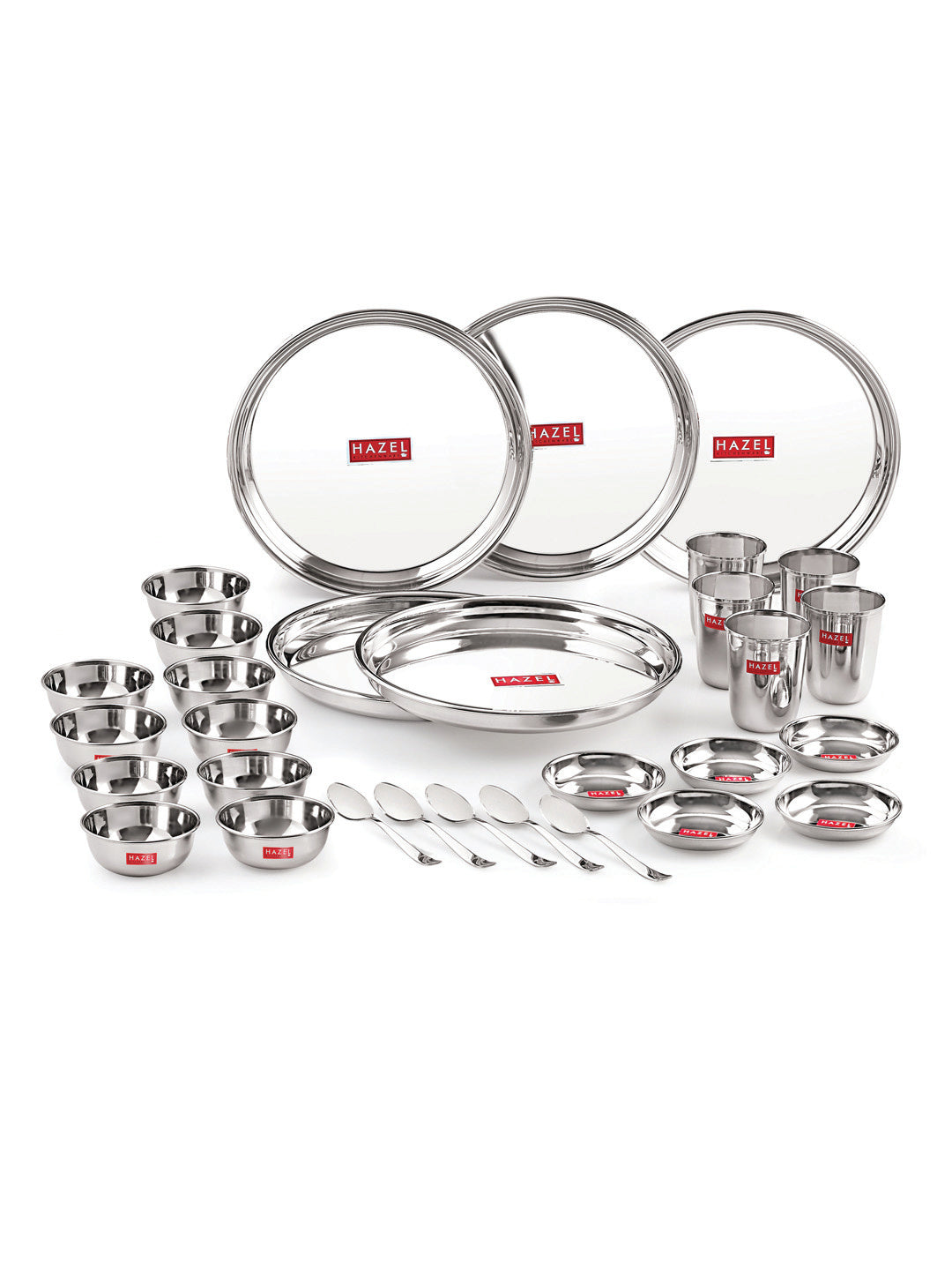 Stainless Steel Dinner Set Of 30 , (5 Steel Plate, 5 Steel Glass, 10 Serving Bowl, 5 Dessert Plate, 5 Spoon Set)
