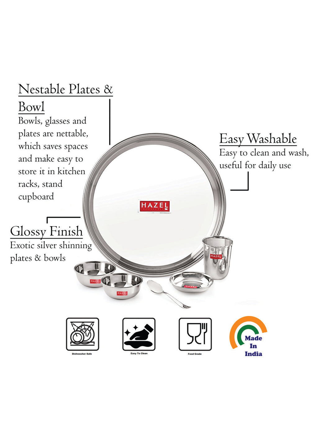 Stainless Steel Dinner Set Of 30 , (5 Steel Plate, 5 Steel Glass, 10 Serving Bowl, 5 Dessert Plate, 5 Spoon Set)
