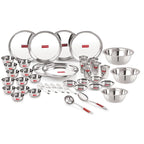 Stainless Steel 41 Pieces Dinner Set (3 pcs Mixing Bowl, 2 pcs Serving Spoon, 6 Plate, 6 Glass, 12 Bowl, 6 Spoon Set, 6 Dessert Plate)