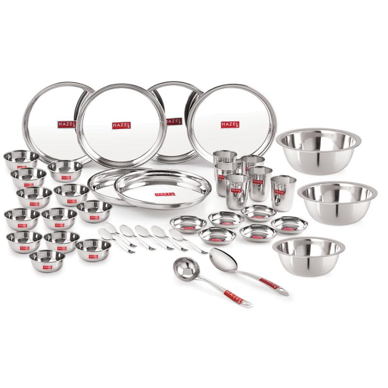 Stainless Steel 41 Pieces Dinner Set (3 pcs Mixing Bowl, 2 pcs Serving Spoon, 6 Plate, 6 Glass, 12 Bowl, 6 Spoon Set, 6 Dessert Plate)
