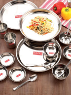 Stainless Steel 41 Pieces Dinner Set (3 pcs Mixing Bowl, 2 pcs Serving Spoon, 6 Plate, 6 Glass, 12 Bowl, 6 Spoon Set, 6 Dessert Plate)