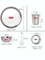 Stainless Steel 41 Pieces Dinner Set (3 pcs Mixing Bowl, 2 pcs Serving Spoon, 6 Plate, 6 Glass, 12 Bowl, 6 Spoon Set, 6 Dessert Plate)