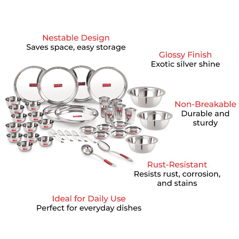Stainless Steel 41 Pieces Dinner Set (3 pcs Mixing Bowl, 2 pcs Serving Spoon, 6 Plate, 6 Glass, 12 Bowl, 6 Spoon Set, 6 Dessert Plate)
