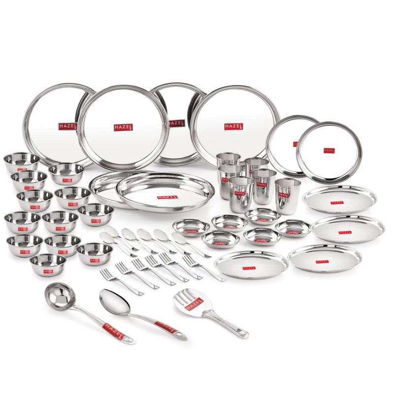 Stainless Steel 51 Pieces Dinner Set (6 Plate, 6 Glass, 12 Bowl, 6 Spoon Set, 6 Dessert Plate, 3 pcs Serving Spoon, 6 pcs Quarter Plate, 6 pcs Fork)