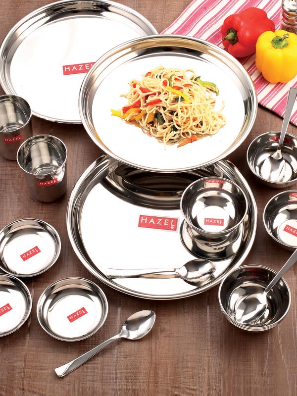 Stainless Steel 51 Pieces Dinner Set (6 Plate, 6 Glass, 12 Bowl, 6 Spoon Set, 6 Dessert Plate, 3 pcs Serving Spoon, 6 pcs Quarter Plate, 6 pcs Fork)