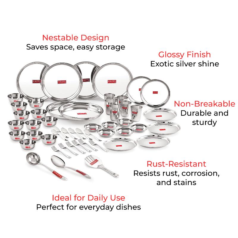 Stainless Steel 51 Pieces Dinner Set (6 Plate, 6 Glass, 12 Bowl, 6 Spoon Set, 6 Dessert Plate, 3 pcs Serving Spoon, 6 pcs Quarter Plate, 6 pcs Fork)