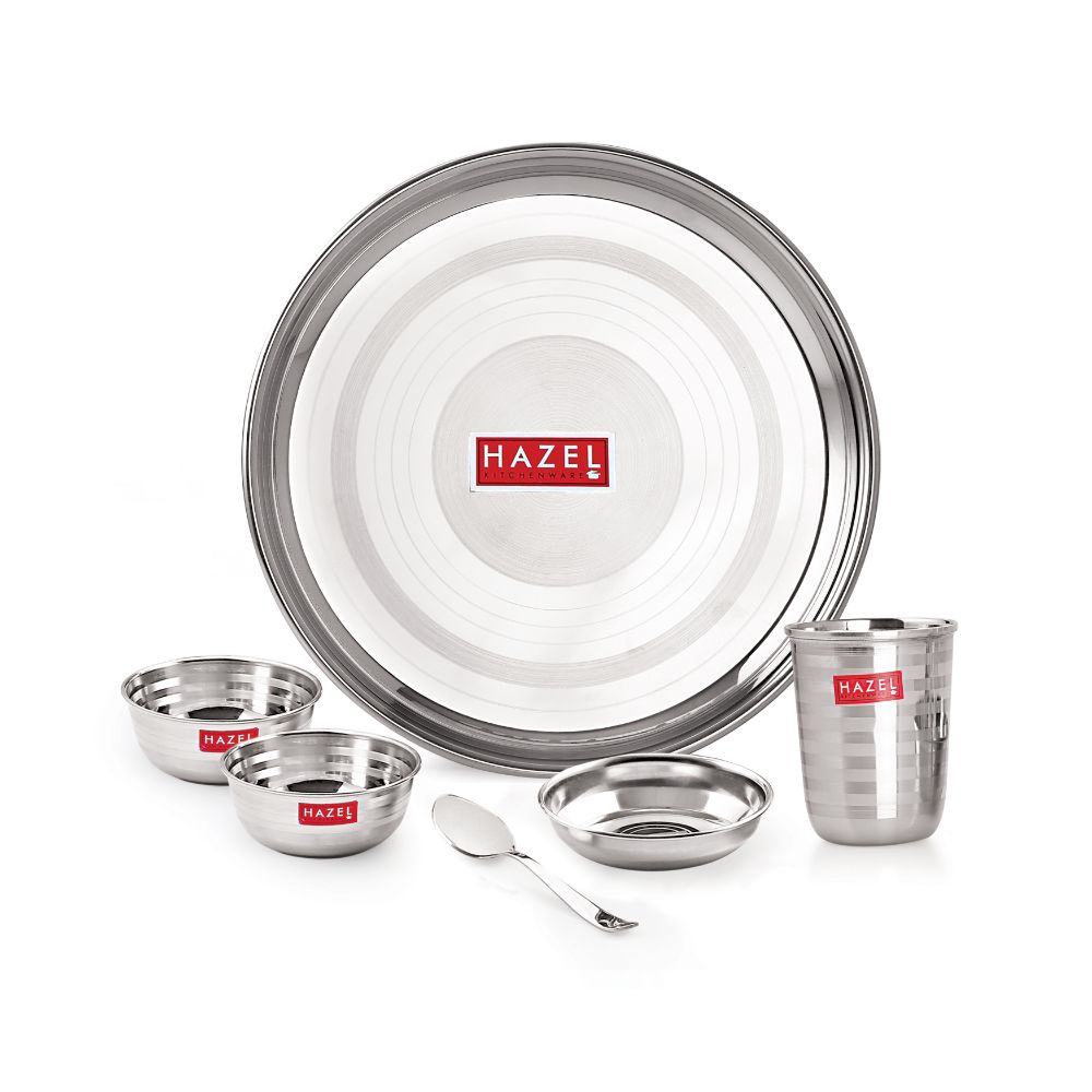 Stainless Steel Dinner Set, Thali, Bowls, Spoon, Glass, Dessert Plate, Set of 6