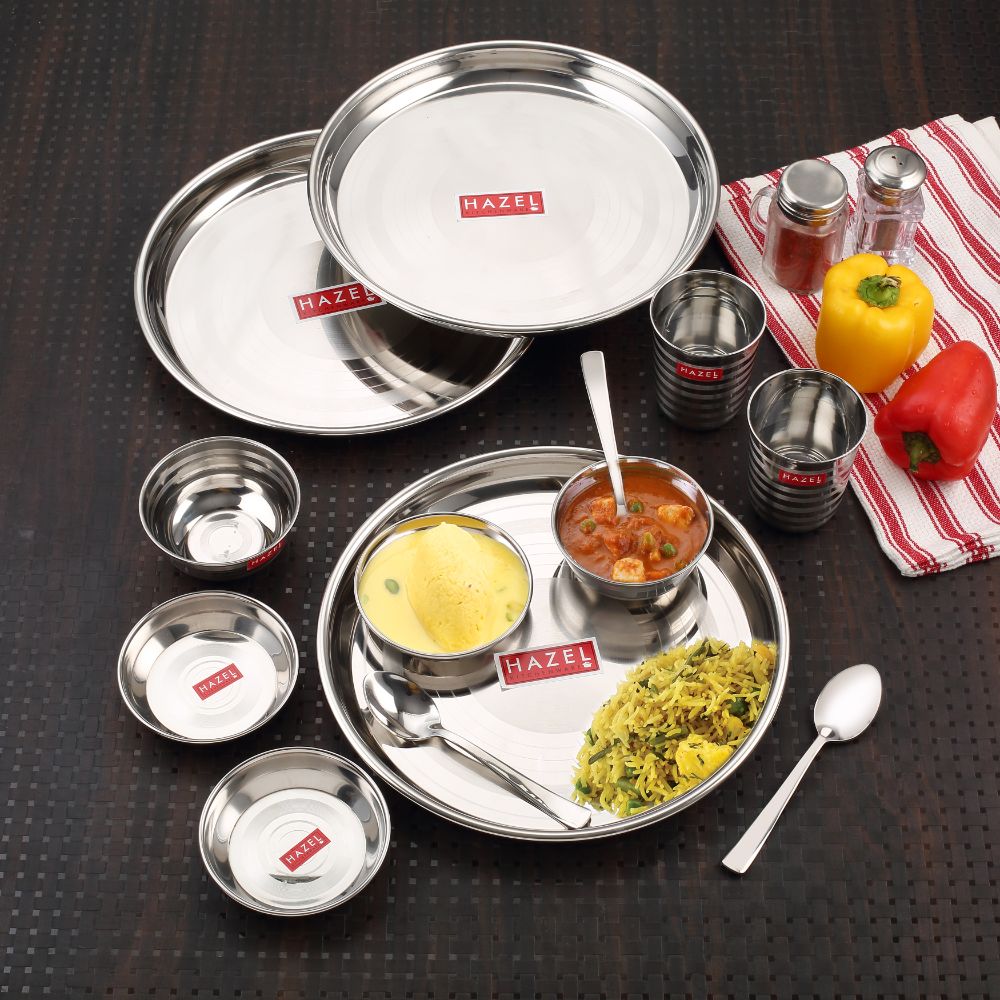 Stainless Steel Dinner Set, Thali, Bowls, Spoon, Glass, Dessert Plate, Set of 6