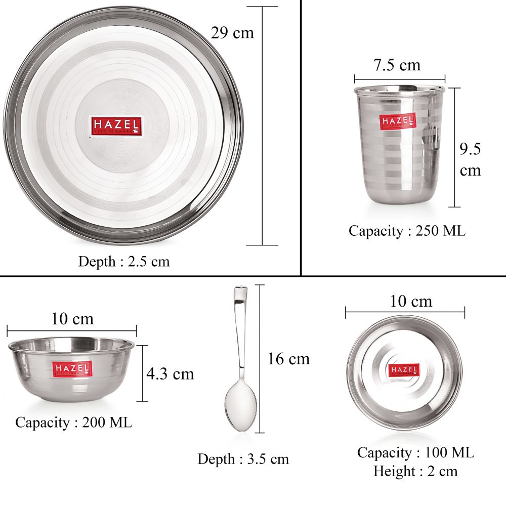 Stainless Steel Dinner Set, Thali, Bowls, Spoon, Glass, Dessert Plate, Set of 6
