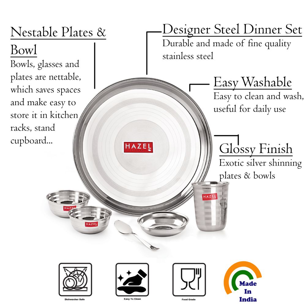 Stainless Steel Dinner Set, Thali, Bowls, Spoon, Glass, Dessert Plate, Set of 6