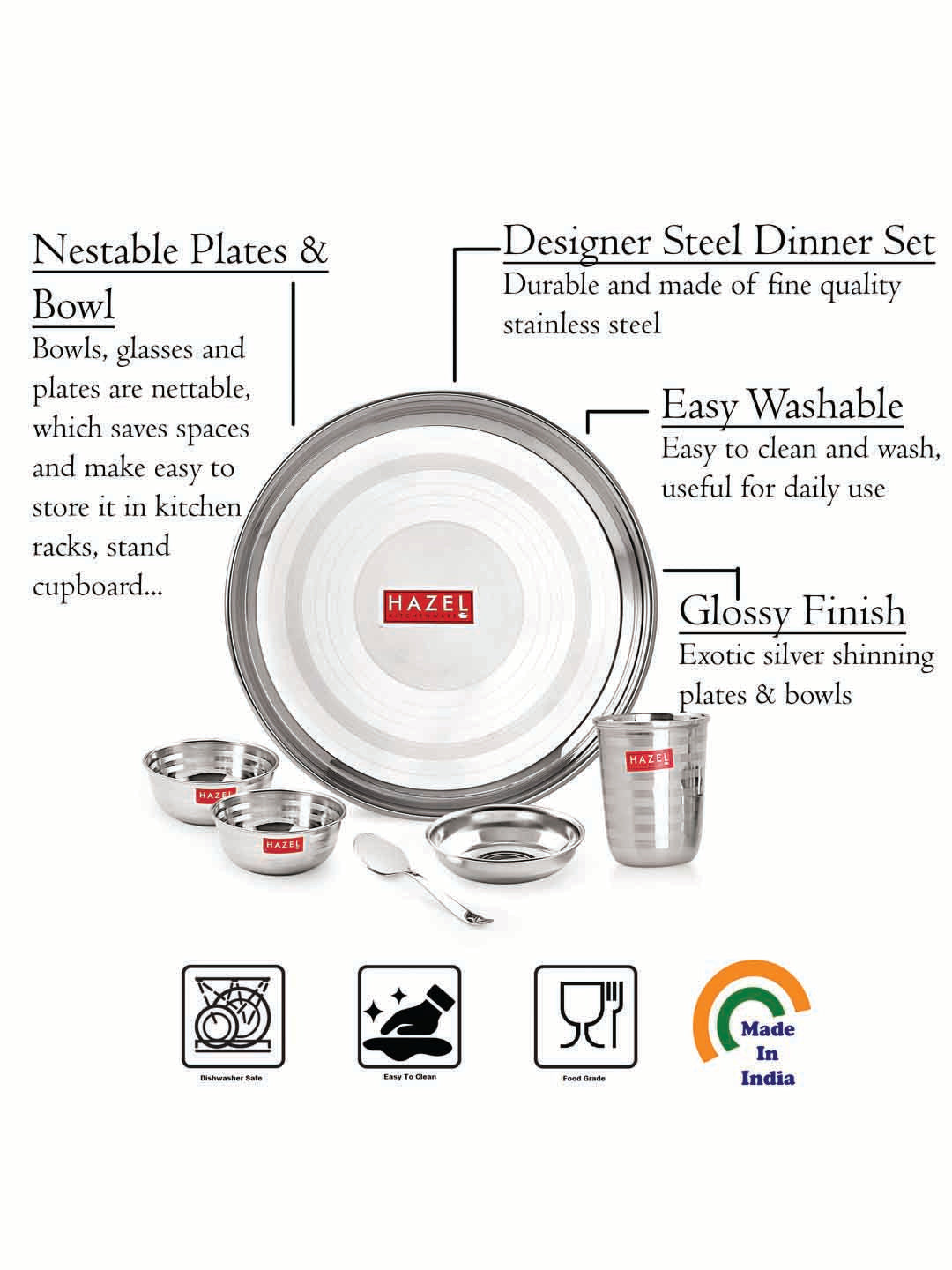Stainless Steel Dinner Set 12 Pcs, Thali Set with Plates, Bowls & Glasses