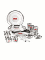 Stainless Steel Dinner Set Of 18, (3 Steel Plate, 6 Bowl, 3 Spoon Set, 3 Dessert Plate, 3 Steel Glass)
