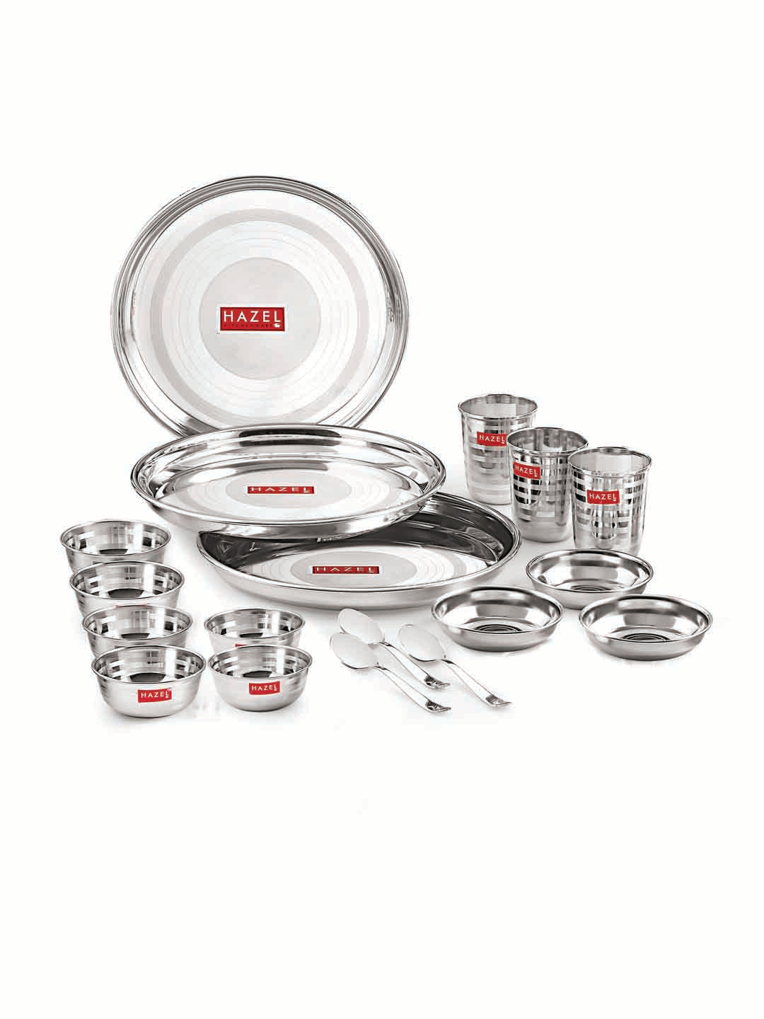 Stainless Steel Dinner Set Of 18, (3 Steel Plate, 6 Bowl, 3 Spoon Set, 3 Dessert Plate, 3 Steel Glass)