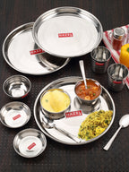 Stainless Steel Dinner Set Of 18, (3 Steel Plate, 6 Bowl, 3 Spoon Set, 3 Dessert Plate, 3 Steel Glass)
