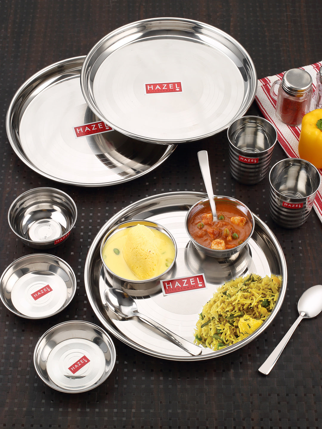Stainless Steel Dinner Set Of 18, (3 Steel Plate, 6 Bowl, 3 Spoon Set, 3 Dessert Plate, 3 Steel Glass)