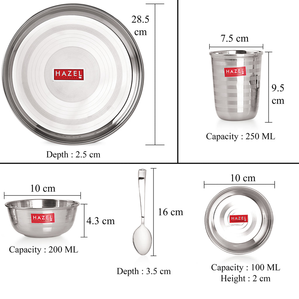 Stainless Steel Dinner Set Of 18, (3 Steel Plate, 6 Bowl, 3 Spoon Set, 3 Dessert Plate, 3 Steel Glass)
