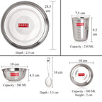 Stainless Steel Dinner Set Of 18, (3 Steel Plate, 6 Bowl, 3 Spoon Set, 3 Dessert Plate, 3 Steel Glass)