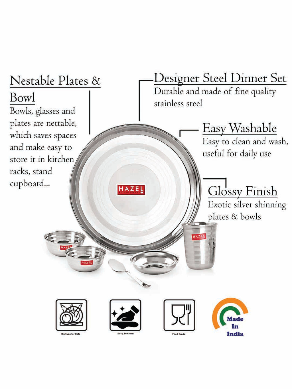 Stainless Steel Dinner Set Of 18, (3 Steel Plate, 6 Bowl, 3 Spoon Set, 3 Dessert Plate, 3 Steel Glass)