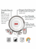 Stainless Steel Dinner Set Of 18, (3 Steel Plate, 6 Bowl, 3 Spoon Set, 3 Dessert Plate, 3 Steel Glass)
